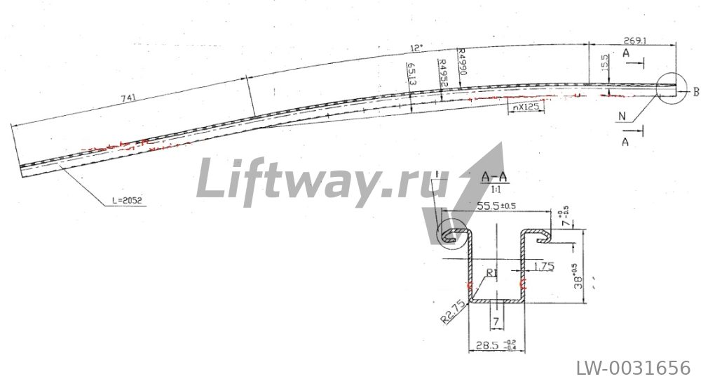 Направляющая поручня верхняя траволатора Thyssen Orinoco,12 град. L=2052мм
